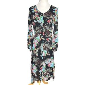 G.I.L.I. Black Multicolor Asian Floral Twist Front Long Sleeve Midi Dress Size 6